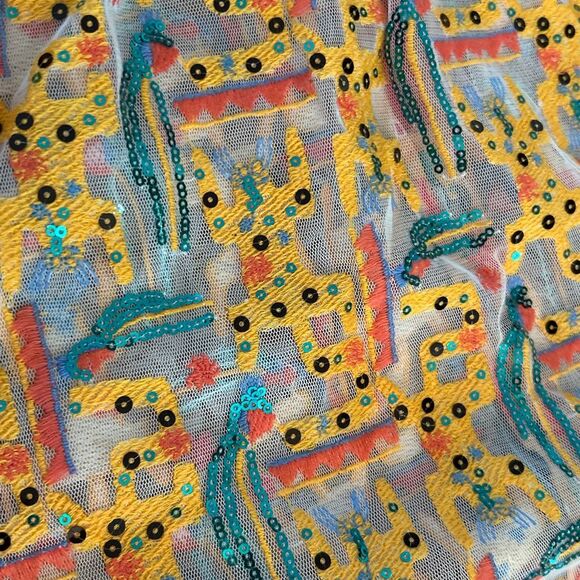 CeliaB sequins mustard green fun abstract  cat print maxi dress L sheer - Picture 3 of 8